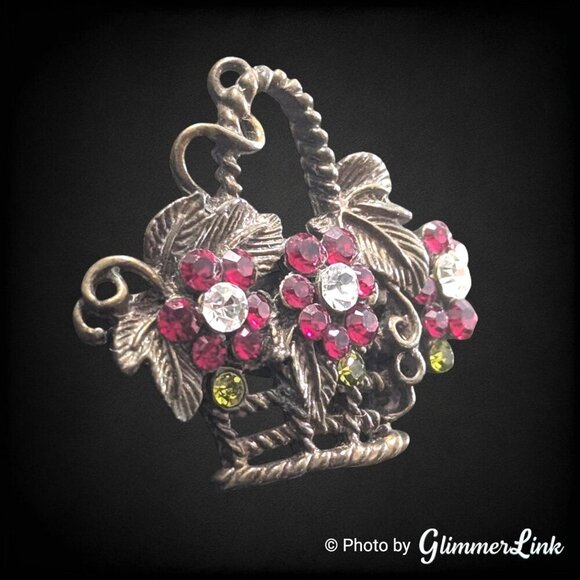Vintage Victorian Trading Co Flower Basket Rhinestone Dark Brass Tone Brooch Pin - Picture 2 of 9